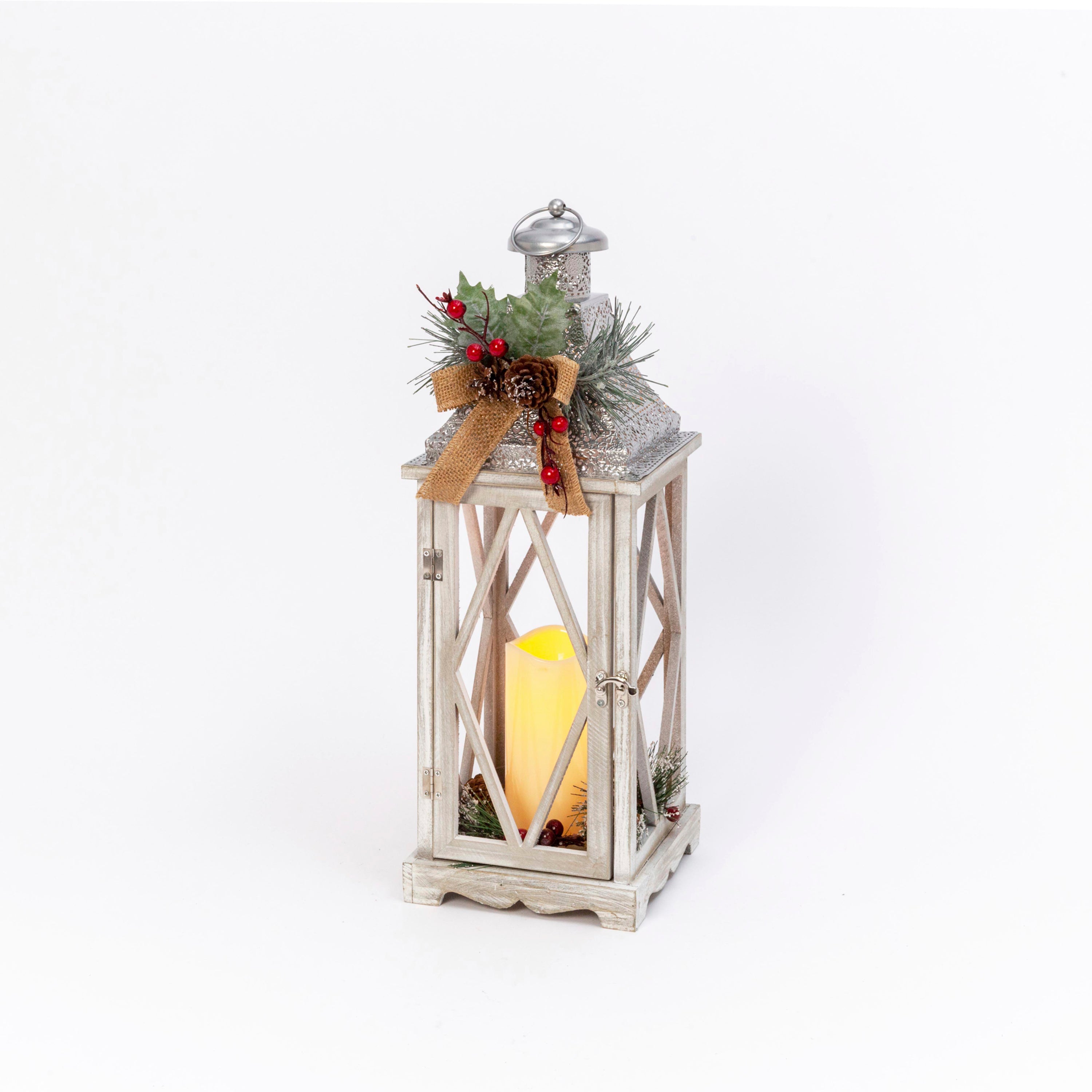 Lighted 20.5 in H Battery Operated Lighted Holiday Lantern with LED Candle and Floral adornment 2530070EC
